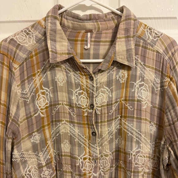 Free People Plaid Button-Up Shirt with Embroidered Details, size XL - Picture 2 of 9